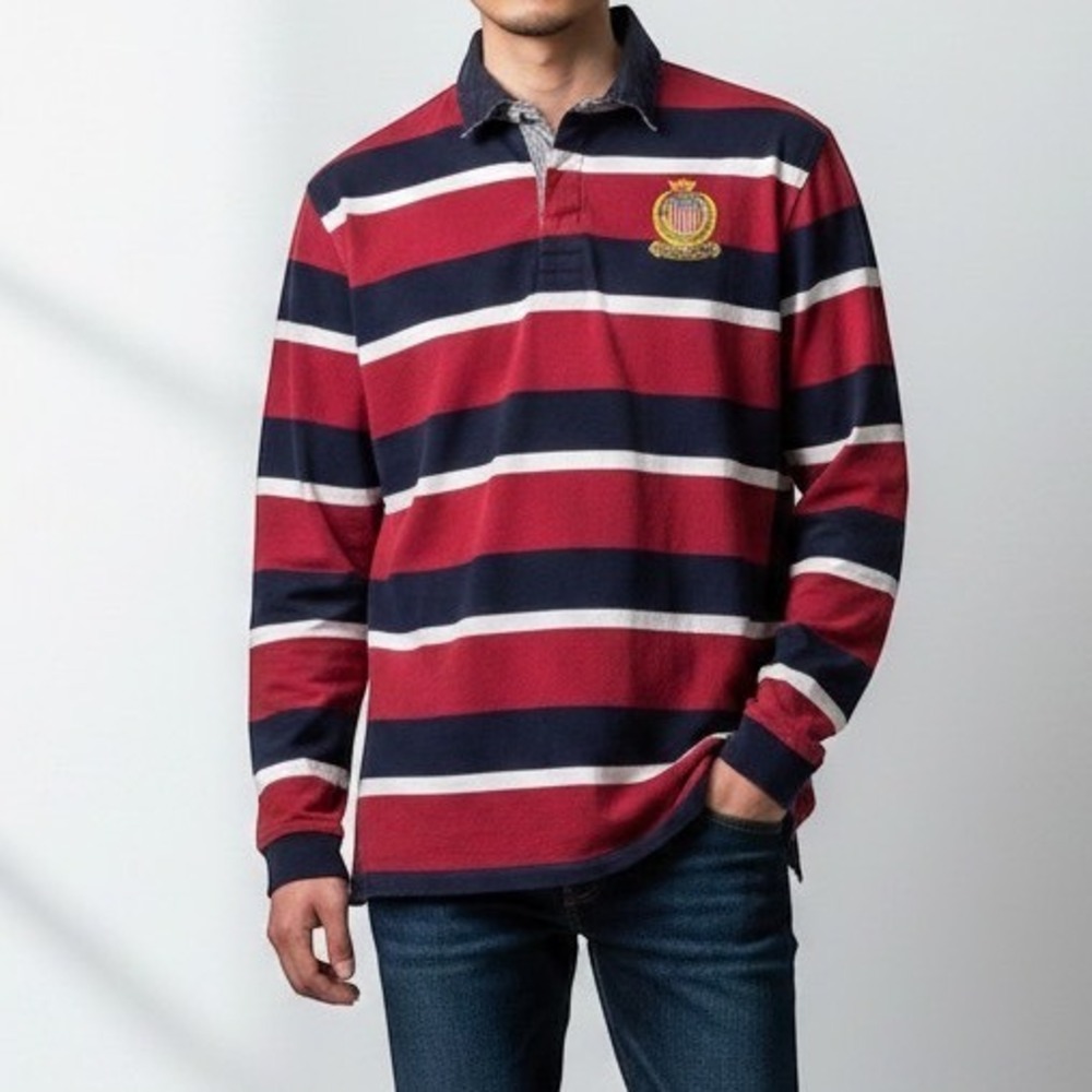 Westport Rugby Shirt Mens Large L Red Navy Blue Striped Ivy League Crest Preppy